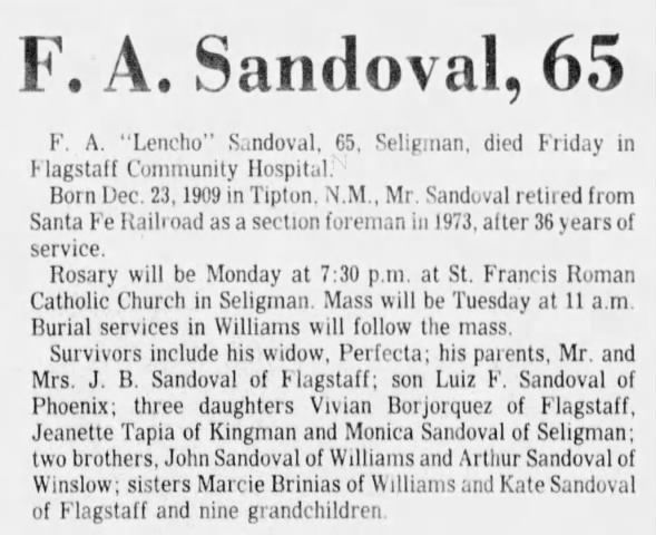 Obituary for F. A. Sandoval (Aged 65)